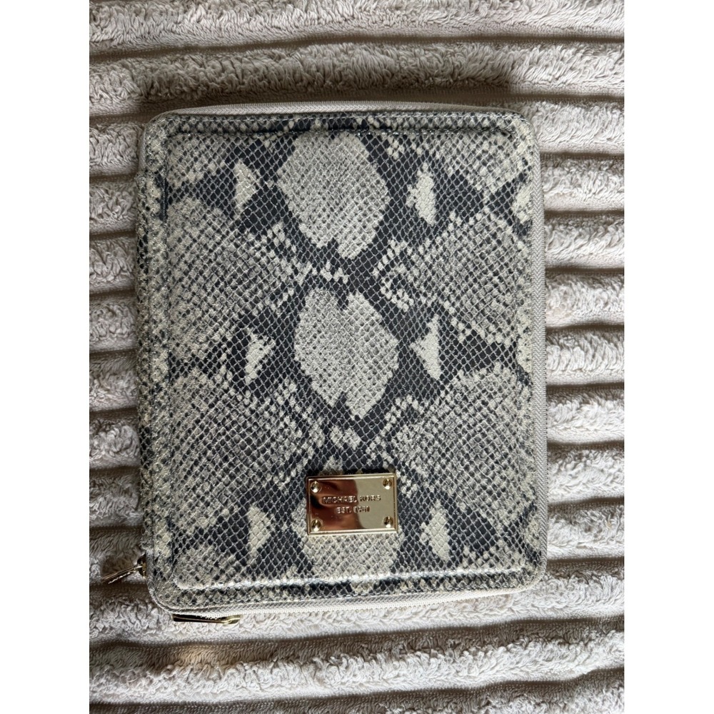 Michael Kors Snakeskin Embossed Zip Around Tablet Case Grey Cream Gold Logo